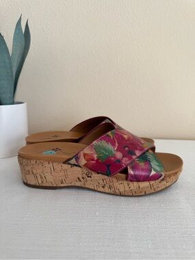 Patricia Nash Floral Pink and Green Cork Wedge Slide Sandals